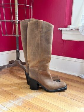 Jeffrey Campbell Verana Pull On Brown Leather Western Block Heel Boots Size 8.5